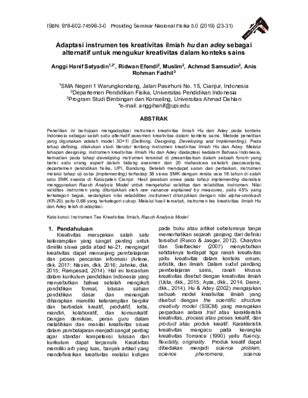 (PDF) Adaptasi instrumen tes kreativitas ilmiah hu dan adey sebagai ...