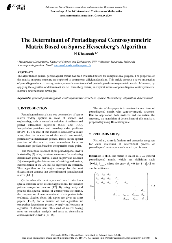 (PDF) The Determinant of Pentadiagonal Centrosymmetric Matrix Based on ...