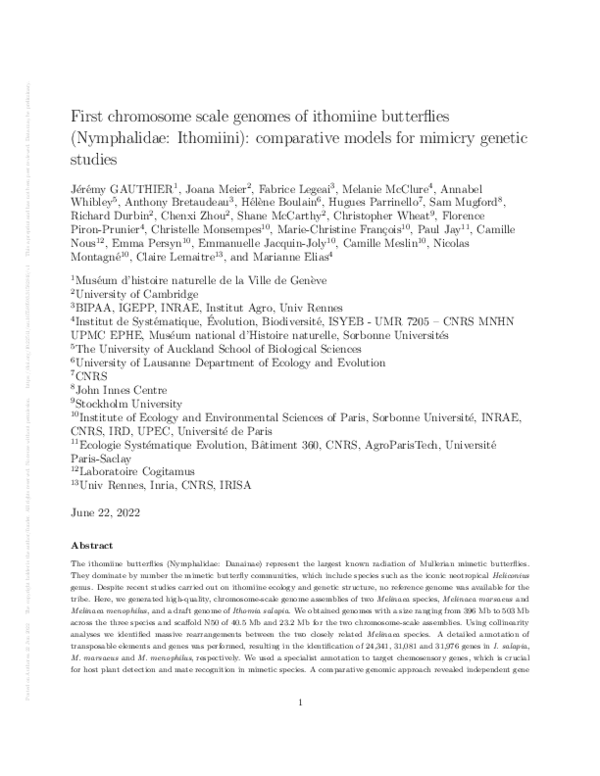 (PDF) First chromosome scale genomes of ithomiine butterflies