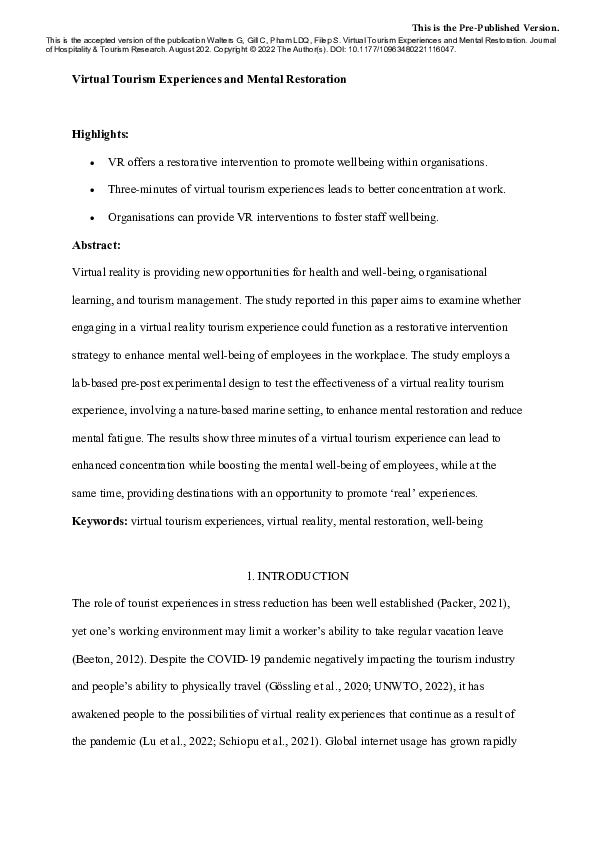  pdf virtual tourism experiences and mental restoration