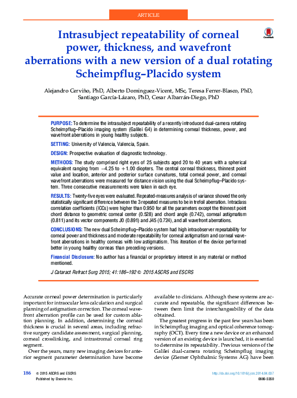 (PDF) Intrasubject repeatability of corneal power, thickness, and ...