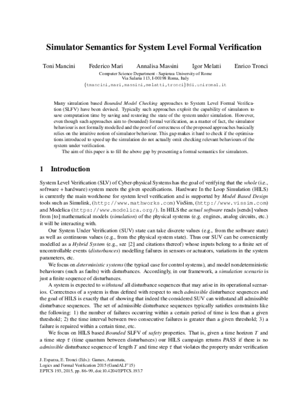(PDF) Simulator Semantics for System Level Formal Verification