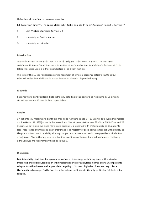 (PDF) Outcomes of treatment of synovial sarcoma