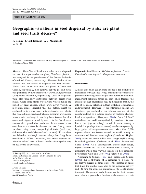 (PDF) Geographic variations in seed dispersal by ants: are plant and ...