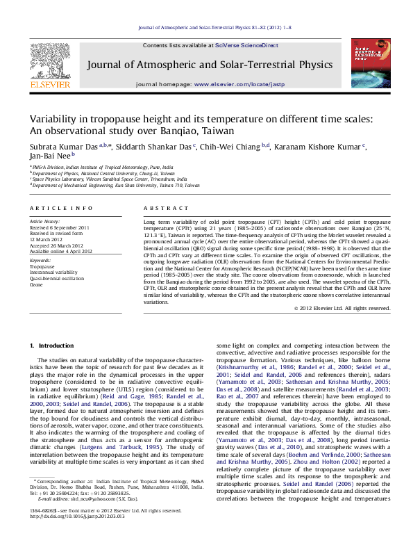 (PDF) Variability in tropopause height and its temperature on different ...