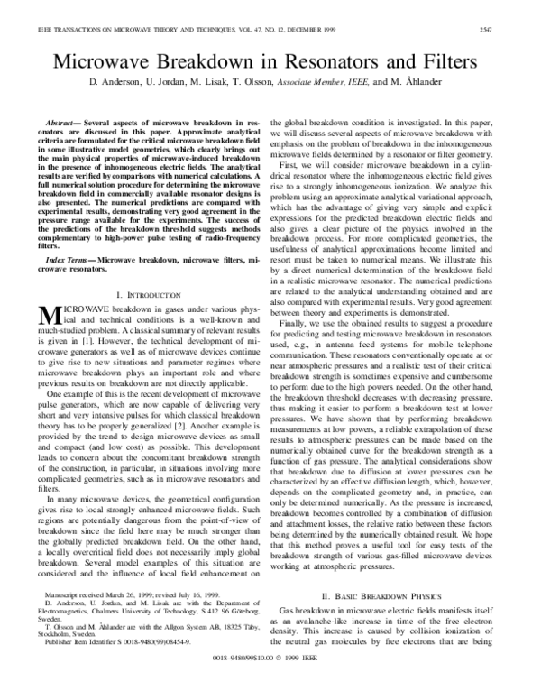 (PDF) Microwave breakdown in resonators and filters | Torbjörn Olsson ...