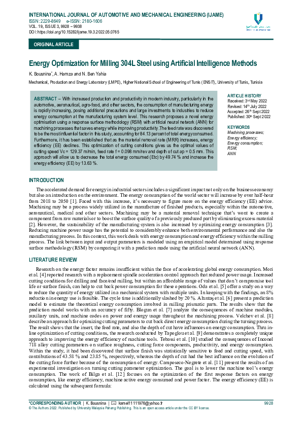 (PDF) Energy Optimization for Milling 304L Steel using Artificial ...
