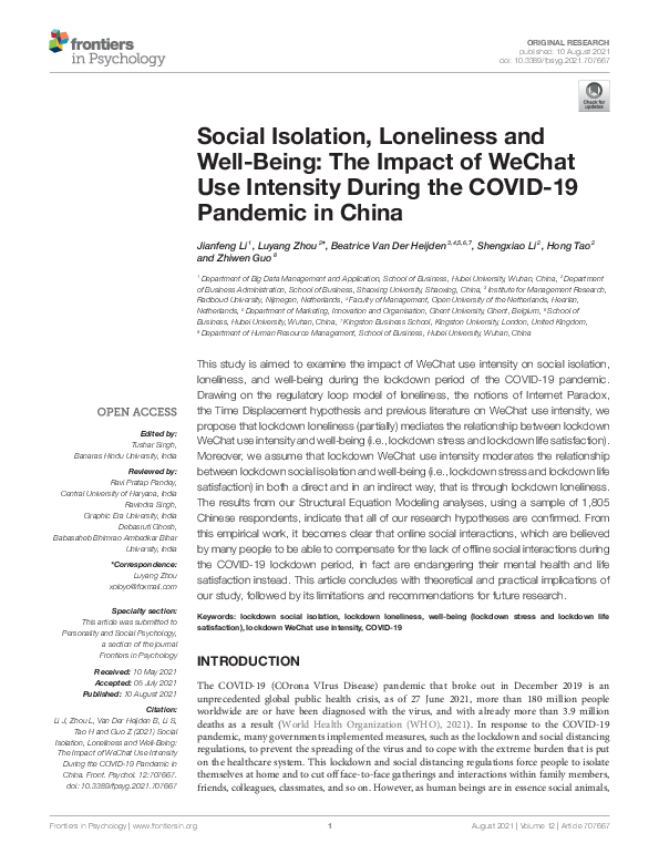 (PDF) Social Isolation, Loneliness and Well-Being: The Impact of WeChat ...