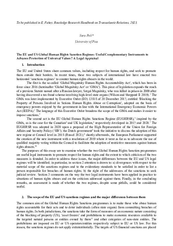 (DOC) The EU and US Global Human Rights Sanction Regimes: Useful ...