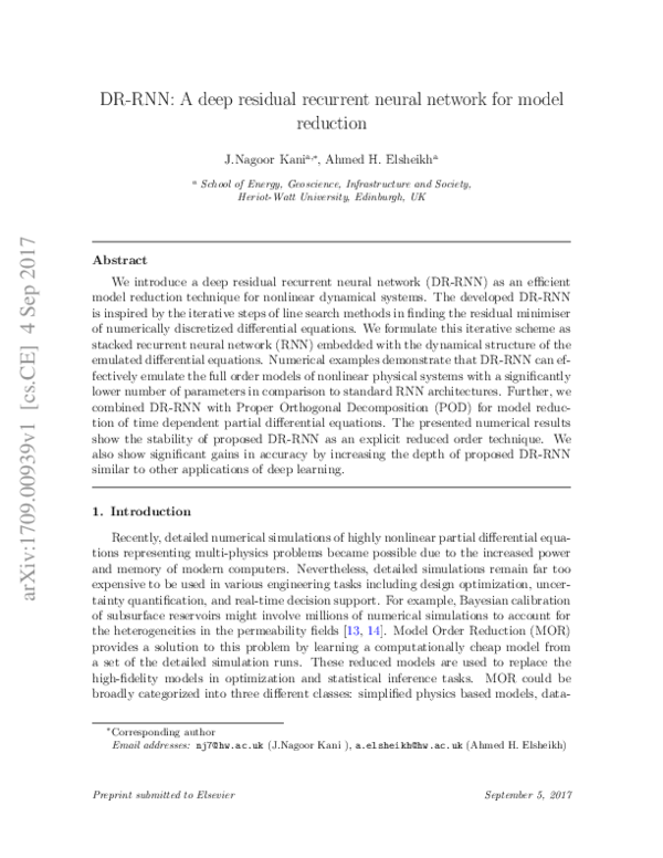 (PDF) DR-RNN: A deep residual recurrent neural network for model reduction