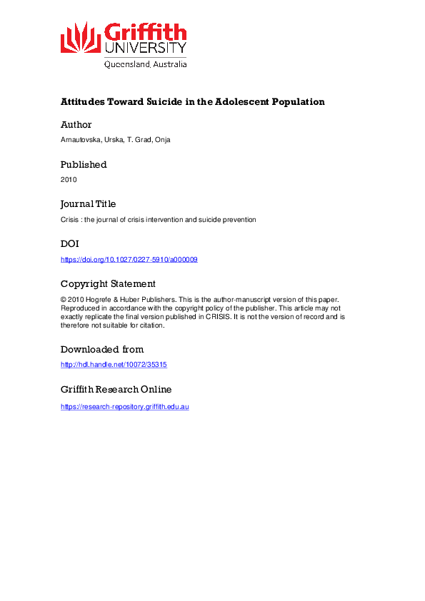 (PDF) Attitudes Toward Suicide in the Adolescent Population