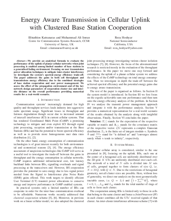 (PDF) Energy Aware Transmission in Cellular Uplink with Clustered Base ...