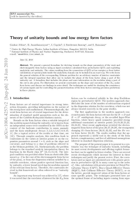 (PDF) Theory of unitarity bounds and lowenergy form factors