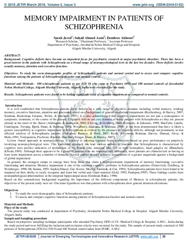 (PDF) Memory Impairment in Patients of Schizophrenia