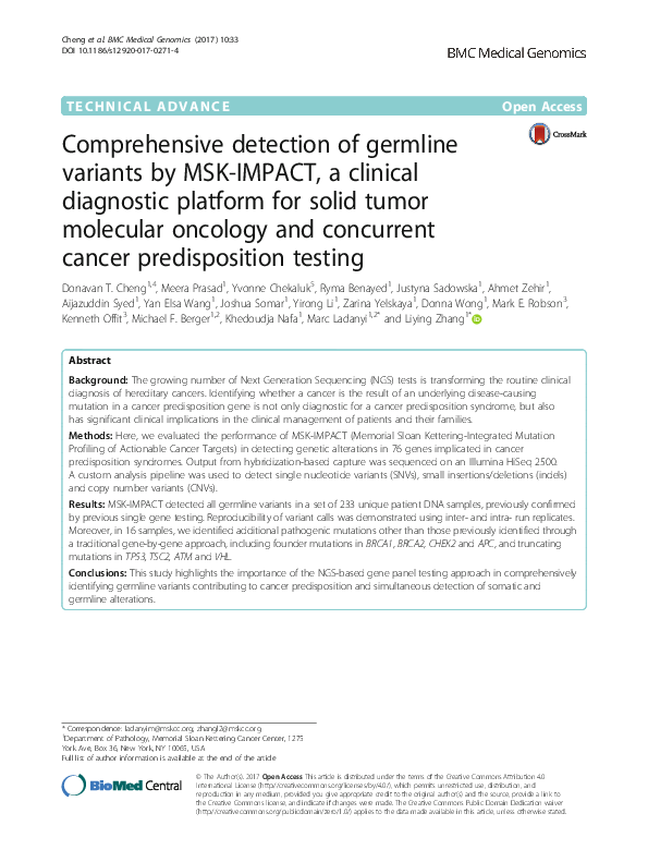 (PDF) Comprehensive detection of germline variants by MSK-IMPACT, a ...