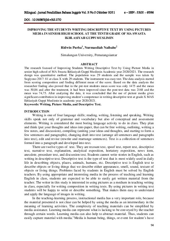 (PDF) Improving the Students Writing Descriptive Text by Using Pictures ...