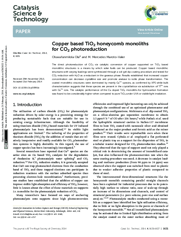 (PDF) Copper based TiO2 honeycomb monoliths for CO2 photoreduction