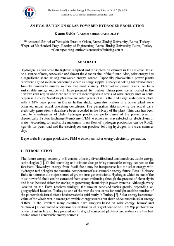 (PDF) An Evaluation on Solar Powered Hydrogen Production