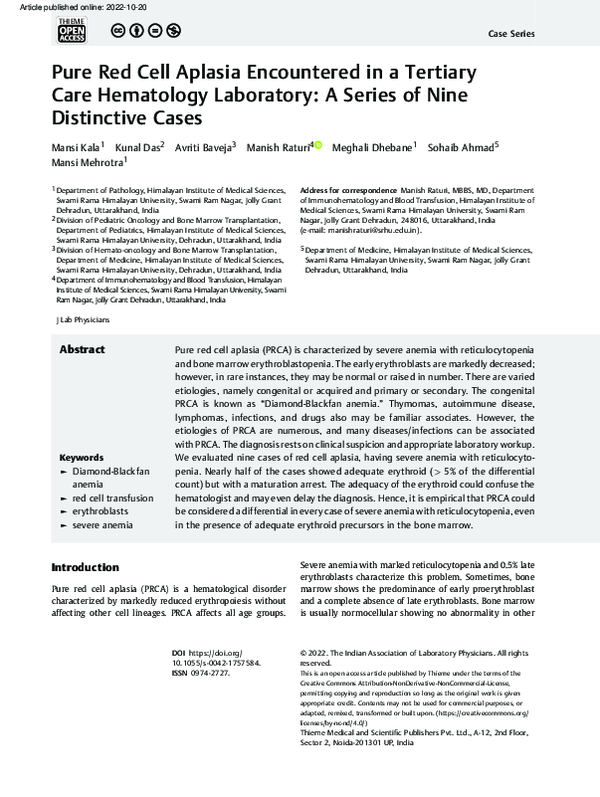 (PDF) Pure Red Cell Aplasia Encountered in a Tertiary Care Hematology ...