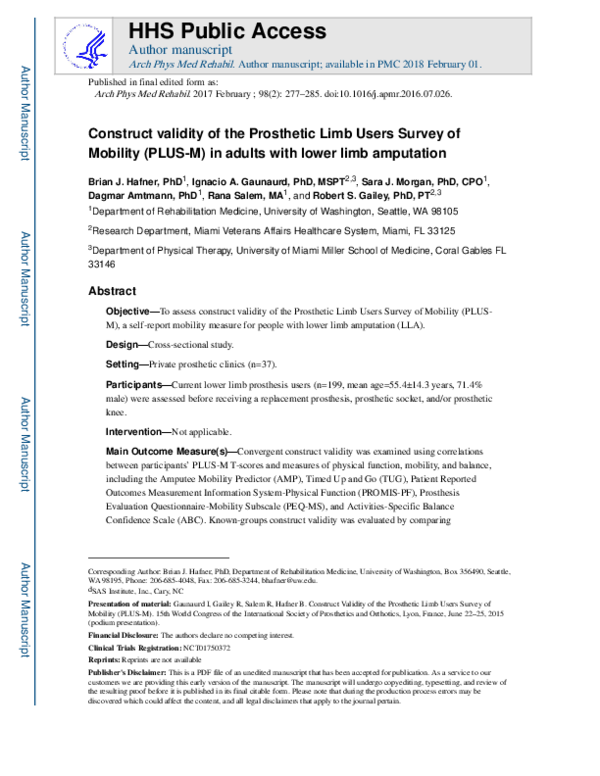 (PDF) Construct Validity of the Prosthetic Limb Users Survey of ...