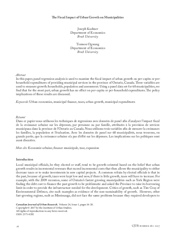 (PDF) The Fiscal Impact of Urban Growth on Municipalities