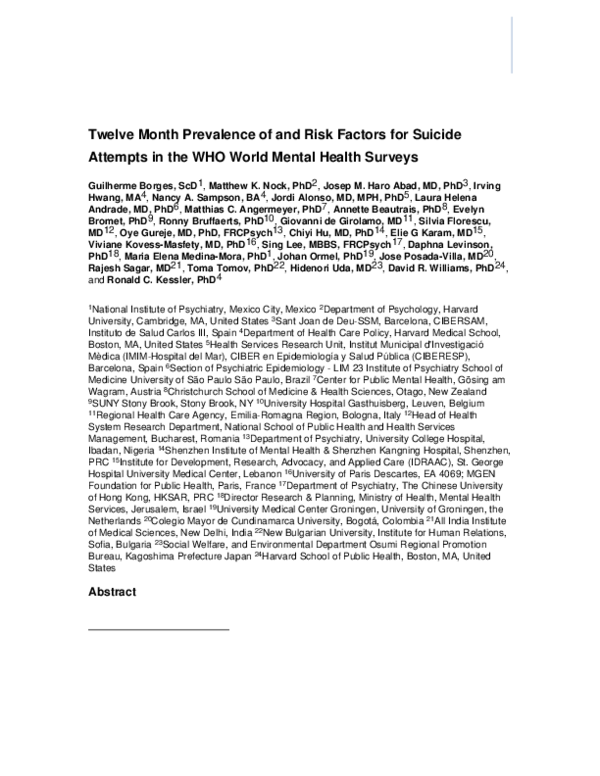 (PDF) Twelve-Month Prevalence of and Risk Factors for Suicide Attempts ...