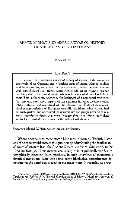 (PDF) Ahmed Midhat and Adnan Adivar on History of Science and ...
