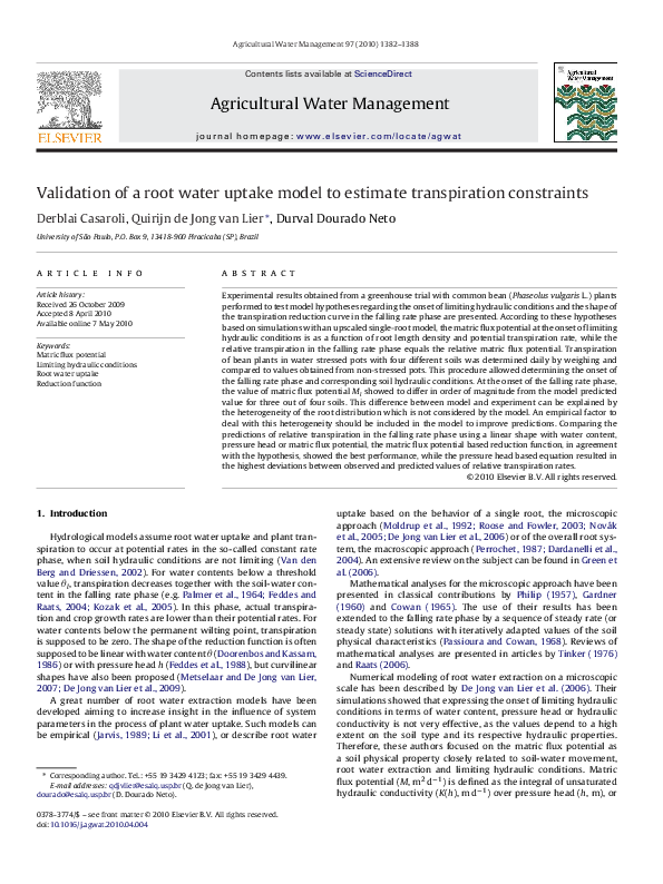 (PDF) Validation of a root water uptake model to estimate transpiration ...