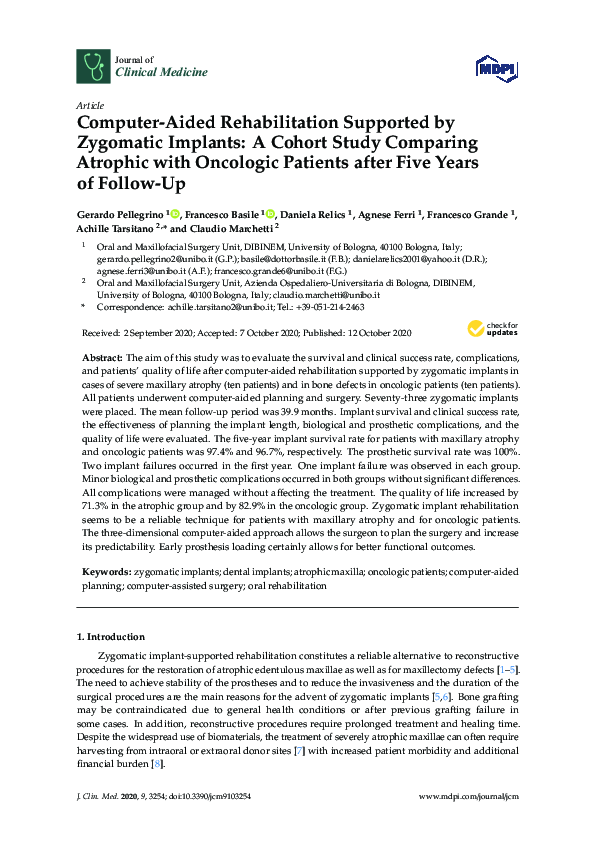 Computer-Aided Rehabilitation Supported by Zygomatic Implants: A Cohort Study Comparing Atrophic with Oncologic Patients after Five Years of Follow-Up