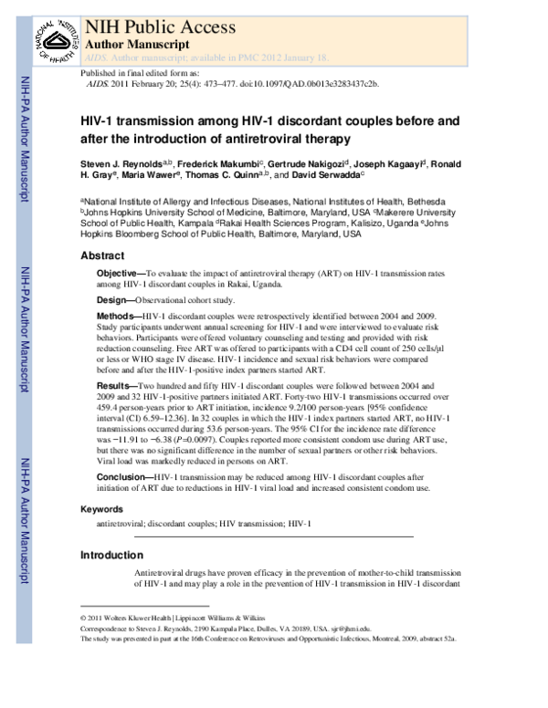 (PDF) HIV-1 transmission among HIV-1 discordant couples before and ...