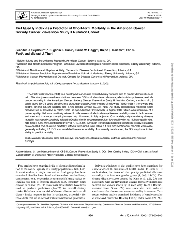 (PDF) Diet Quality Index as a Predictor of Short-term Mortality in the ...