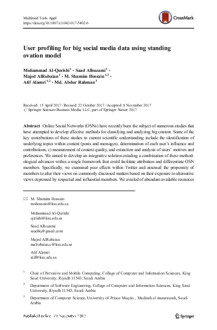 (PDF) User profiling for big social media data using standing ovation model