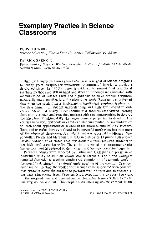 (PDF) Exemplary practice in science classrooms