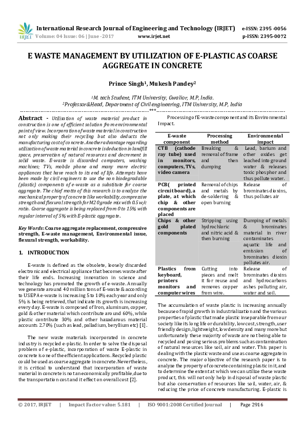 (PDF) E Waste Management by Utilization of E-Plastic as Coarse ...