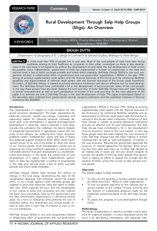 (PDF) Rural Development Through Selp Help Groups (Shgs): An Overview