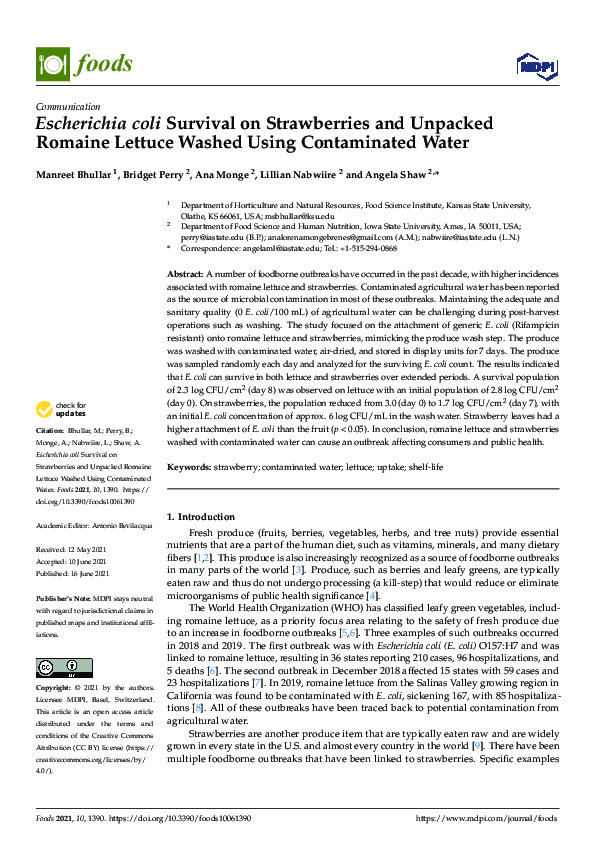 (PDF) Escherichia coli Survival on Strawberries and Unpacked Romaine