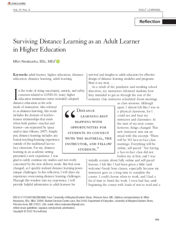 (PDF) Surviving Distance Learning as an Adult Learner in Higher Education