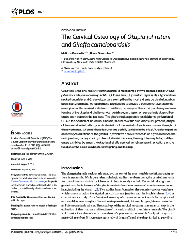 (PDF) The Cervical Osteology of Okapia johnstoni and Giraffa camelopardalis
