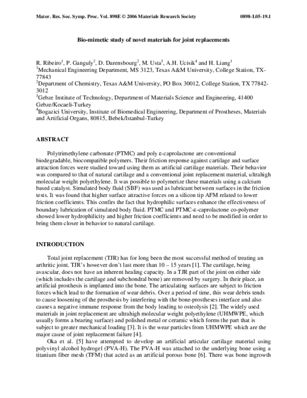 (PDF) Bio-mimetic study of novel materials for joint replacements