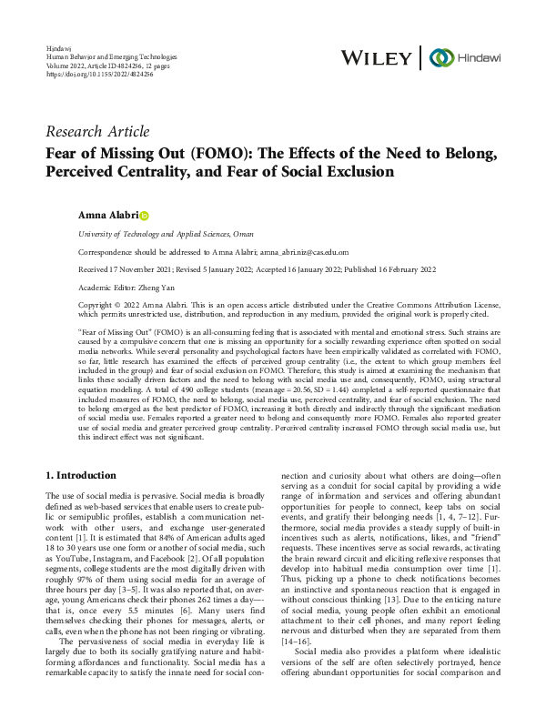 View of (PDF) Fear of Missing Out (FOMO): The Effects of the Need to Belong ...