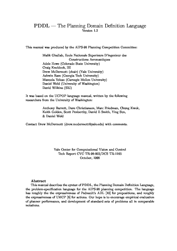 (PDF) PDDL The Planning Domain Definition Language Malik Ghallab