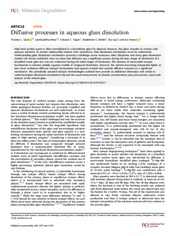 (PDF) Diffusive processes in aqueous glass dissolution