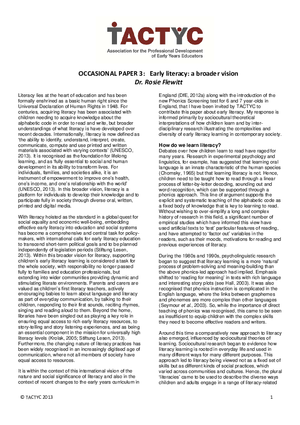 (PDF) OCCASIONAL PAPER 3: Early literacy: a broader vision