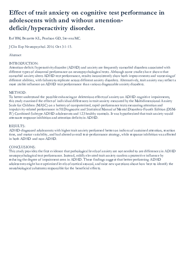 (PDF) Effect of trait anxiety on cognitive test performance in ...