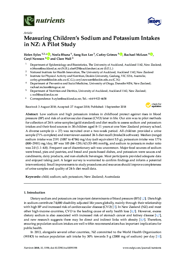 (PDF) Measuring Children's Sodium and Potassium Intakes in NZ: A Pilot ...