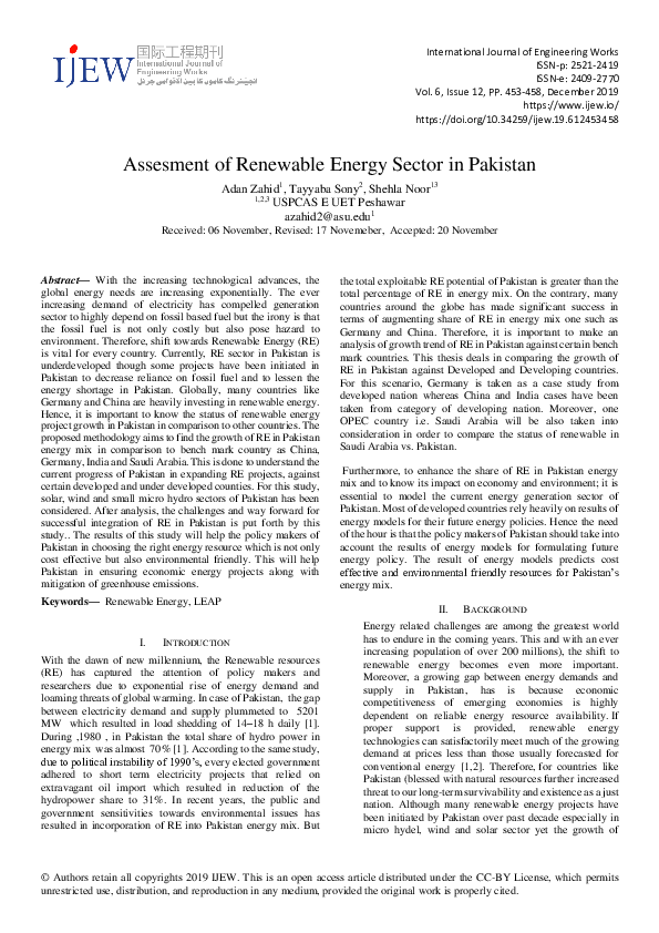 (PDF) Assesment of Renewable Energy Sector in Pakistan