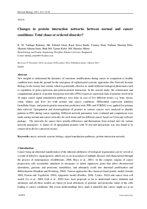 (PDF) Changes in protein interaction networks between normal and cancer ...