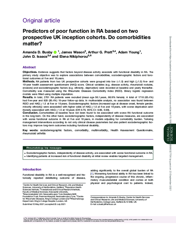(PDF) Predictors of poor function in RA based on two prospective UK ...