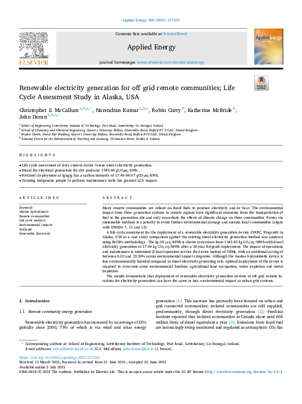 (PDF) Renewable electricity generation for off grid remote communities ...