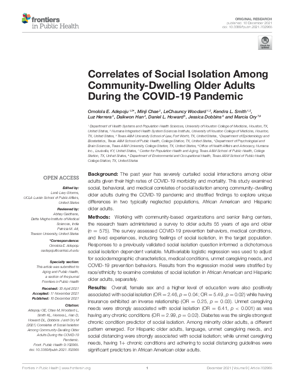 (PDF) Correlates of Social Isolation Among Community-Dwelling Older ...